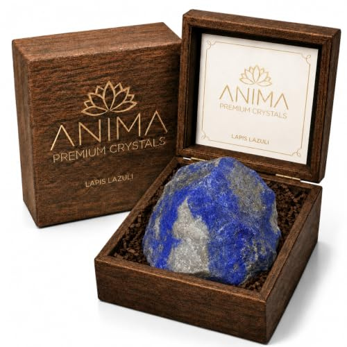 Anima® Großer Lapislazuli-Kristall für Authentizität und Selbstausdruck | Elegante Holz-Geschenkbox mit großem rohem Lapislazuli aus Afghanistan, 5 bis 6 cm, plus Kristall-Faltblatt