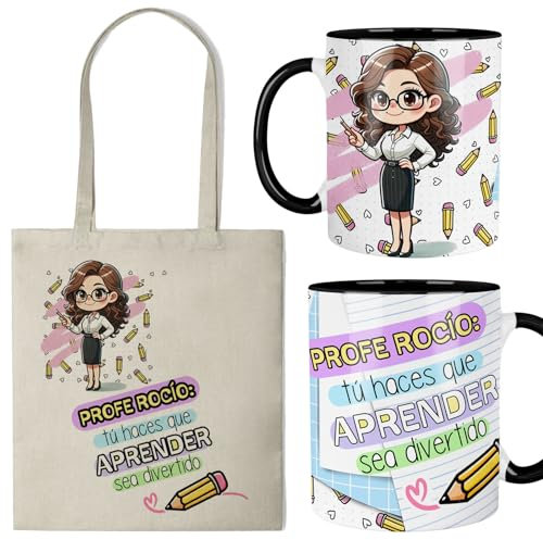 Kembilove® Taza y bolsa profesora personalizada – Regalo original fin de curso – Diseño dibujo animado “Tú haces que aprender sea divertido”