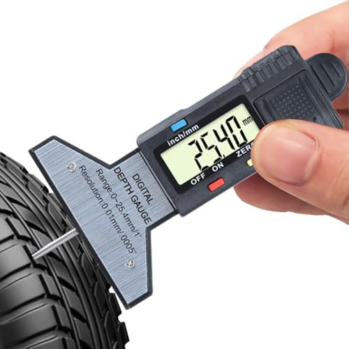 Krmoau Medidor de profundidad de neumáticos, medidor de profundidad de neumáticos, digital, prueba de desgaste de pantalla LCD con conversión de pulgadas MM, rango de 0 a 25,4 mm, herramienta de