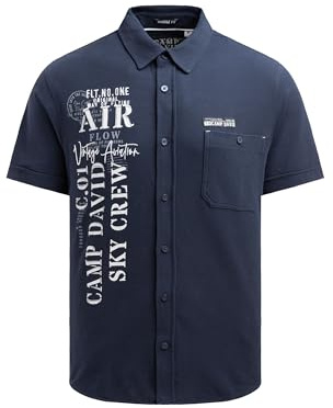 Camp David Herren Kurzarmhemd aus Pikee mit Artworks und Brusttasche Blue Navy, XXXL