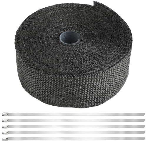 Kievano 10M Cinta Térmica Escape Negra, Banda de Fibra de Vidrio 5CM de Ancho con 5 Bridas de Acero Inoxidable, Protección Térmica para Colector de Escape Coche Moto