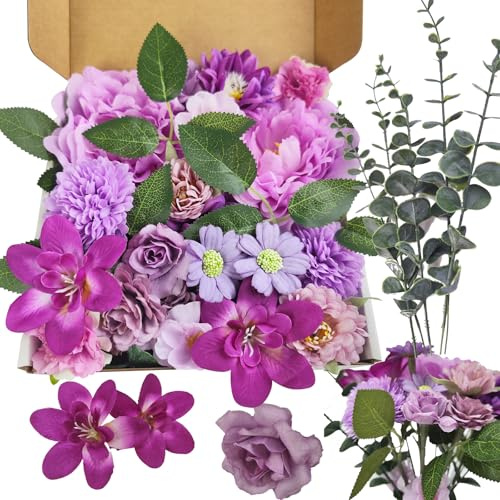 CoolCrafts Kunstblumen zum Basteln Künstliche Blumen Kombination in Lila, Seidenblumen für Tischdeko, Tortendeko, DIY-Dekorationen und Hochzeit