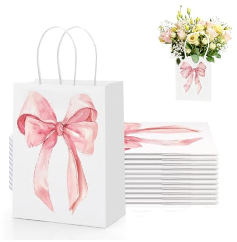 Ruispeed 12 Stück rosa Geschenktüten mit Schleife, 21x15x8 cm, Papiertüten mit Henkel, verspielte Mitgebsel für Geburtstag & Junggesellinnenabschied, Party Gastgeschenke Deko