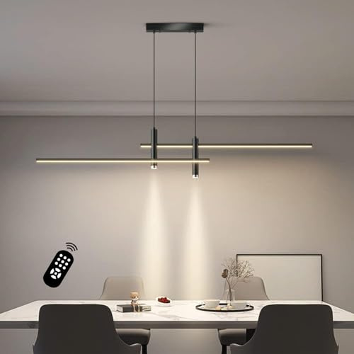 Yuelux Moderne LED Pendelleuchte für Esstisch & Esszimmer - Dimmbar, Höhenverstellbar mit Fernbedienung - Hängeleuchte Küche, Büro, Wohnzimmer - Kronleuchter mit Linearem Design (Schwarz, 120cm)