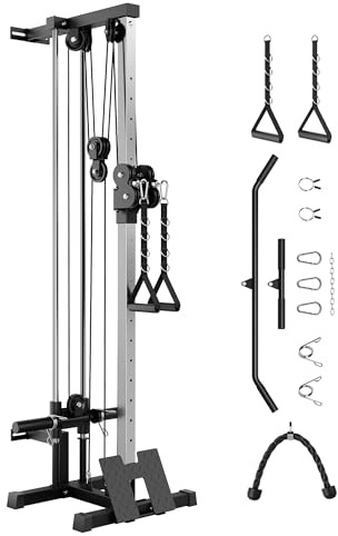 Garvee Wall Mount Cable Station, LAT Pulldown Machines with 19 Position Dual Pulley System, Cable Crossover Machine with Adjustable Platform, T Bar and Other Accessories