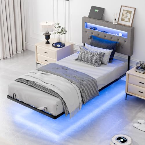Bonnlo 3ft Floating Single Bed Frame with LED Lights & Upholstered Storage Headboard, Upholstered Bed Frame -Charging Station,Under Bed Storage/Mattress Foundation/Metal Slat Support/Noise Free,90x190