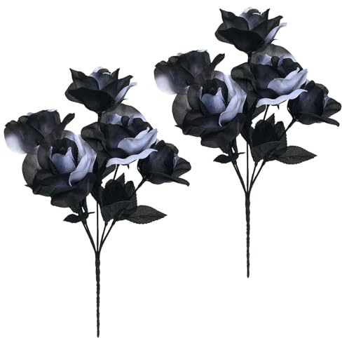 arrderly 2 Stück Halloween Gothic Schwarz und Weiß Künstlicher Rosenstrauß, Halloween Dekorationen Schwarze Rosen Blume, für Braut Kostüm Hochzeit Party Büro Home Decor