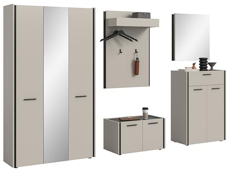 xonox.home – 5-TLG. Garderobenkombiation Emil 287x190x40 cm in Kaschmir Melamin und schwarzen Akzenten – große Garderobenkombination im modernen Flur