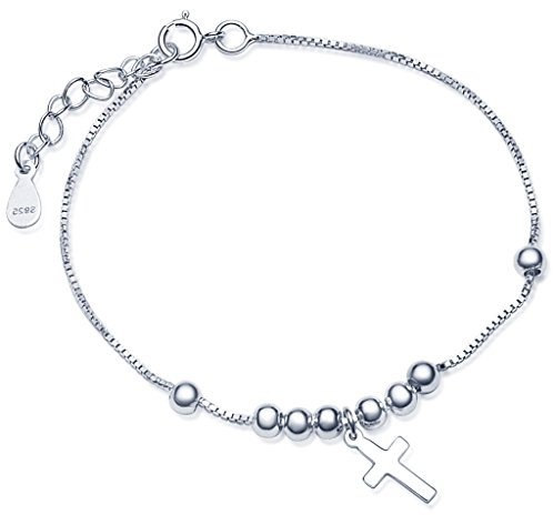 Yumilok Kreuz Beads Kugeln 925 Sterling Silber Charm-Armband Armkette Silber Gliederarmband für Damen Frauen Mädchen, 6.5-7.5 Verstellbar
