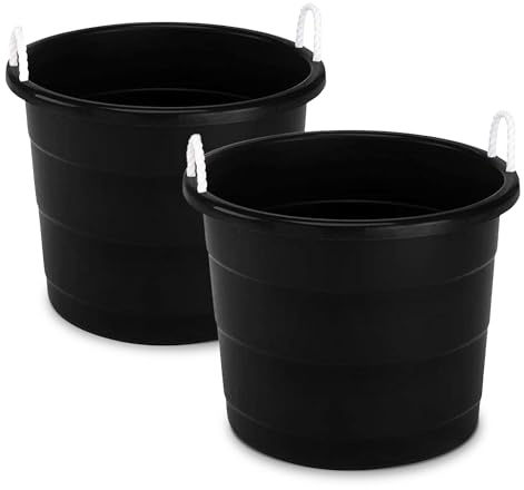 Homz Tina Multiusos de plástico Abierta de 17 galones con Asas de Cuerda para organización del hogar en Interiores o Exteriores, Color Negro (Paquete de 2)