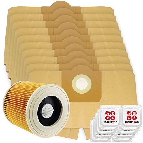 SPARES2GO High Filtration Large Bags + Filter Cartridge for Karcher WD3 WD3P MV3 Wet & Dry Vacuum Cleaner (Pack of 10 + Filter + Fresheners)