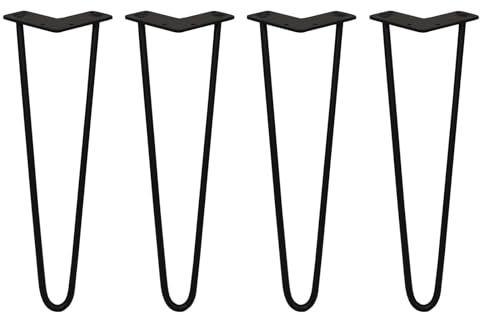 SkiSki Hairpin Table Legs 16” 41cm Pack of 4 Black Heavy Duty 10mm Thick Steel 2 Prong 300kg Load Capacity DIY Furniture Glide Discs Floor Protectors & Screws Included