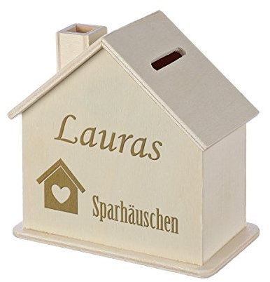 polar-effekt Spardose Haus mit Gravur - Sparbüchse aus Holz - Geldgeschenk zur Hochzeit, Geburtstag, Einzug, Geburtstage - Personalisierte Sparbüchse - Motiv Häuschen mit Herz