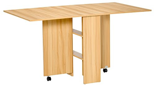HOMCOM Mesa Plegable de Comedor Mesa de Cocina Plegable con Ruedas Alas Abatibles y Estantes para 4-6 Personas 80x140x74cm cm Madera