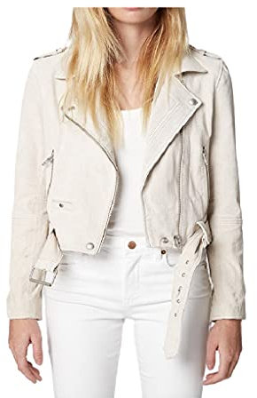 [BLANKNYC] Ropa de lujo para mujer, chaquetas cortas de piel de ante para motocicleta, abrigos cómodos y elegantes, Arena blanca, Large