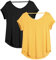 icyzone Damen Rückenfrei Yoga T-Shirt Kurzarm Sport Freizeit Tops Lose V-Ausschnitt Shirt, 2er Pack (L, Schwarz/Gelb)