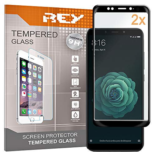 REY 2X Protector de Pantalla 3D para XIAOMI MI 6X - MI A2, Negro, Protección Completa, 3D / 4D / 5D