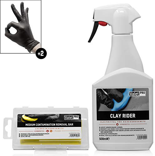 detailmate ValetPRO Reinigunsknete Gleitmittel Set zur schonenden Lackreinigung Auto : Clay Rider - Sprühflasche - 500 ml - Gleitmittel + Reinigunsknete gelb medium - Clay - 100g + Schutzhandschuhe