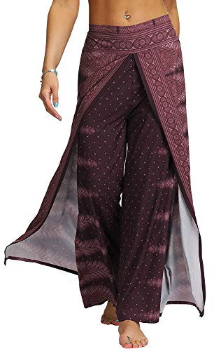 Nuofengkudu Damen Sommerhose Hippie Lange Hosen mit Schlitz Lockere Weites Bein Palazzo Bunt Flowy Yogahose Luftige Elegant Leicht Freizeit Sommer Strand Urlaub(Violett,Größe M,Etikett S/M)