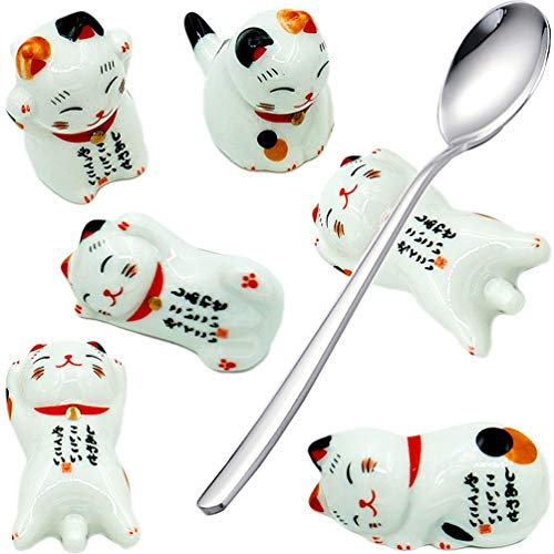 6 Pieces Funny Lucky Cat Ceramic + Stainless Steel Spoon Chopstick Rest Knife Holder Set for Home, Kitchen or Restaurant (6ps+Spoon)