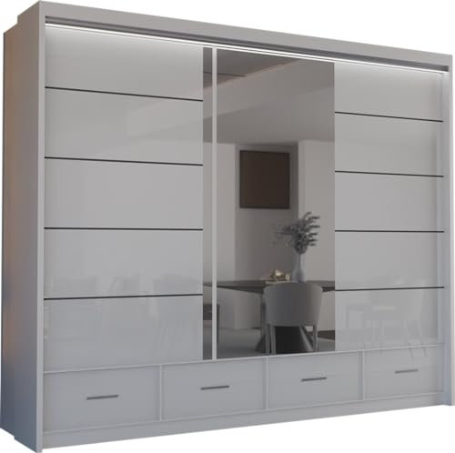 MN Furniture Derry High Gloss & Mirror Sliding Doors Wardrobe with Long Led Light and Bottom Drawers White, 255cm
