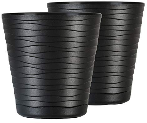 Tymar Macetero con posavasos, paquete de 2 unidades, forma redonda, maceta para interior, maceta de plástico, ligera, paquete doble, con diseño de ondas 3D (25 cm, negro)