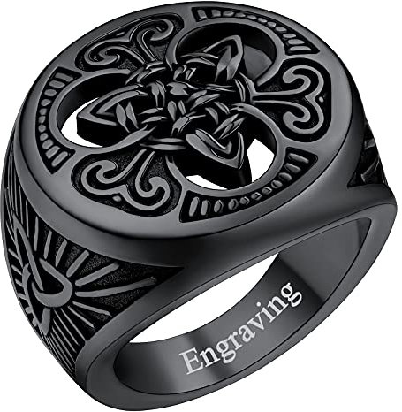 FaithHeart personalisierter Retro Fingerring Damen Mädchen Irischer Triquetra Siegelring Schwarz Keltischer Knot Accessoires Partnerring Freundschaftsring für Valentinstag Geburtstag