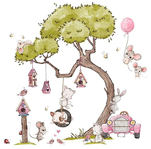 Little Deco Wandsticker Wandtattoo Kinderzimmer Mädchen Mäuse Wandaufkleber Vögel Wandbild Mädchenzimmer Katzen Blumen Rosa Schaukel Wanddeko Auto Blumenranke DL718-2