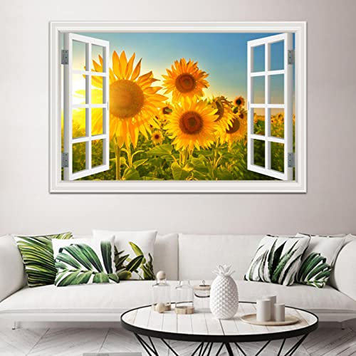 Bilder Fensterblick Leinwandbild.3D-Fensteransicht, Grüner Tee, Garten, Landschaftsposter. Leinwand Wandkunst Bild für Wohnzimmer Wohnkultur 60 x 96 cm, Rahmenlos
