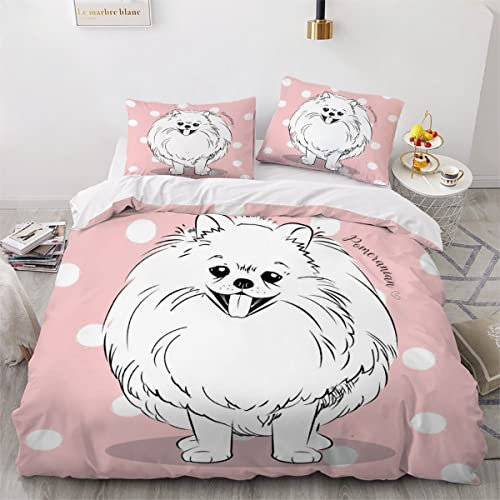 JWFGTT Pommern Bettwäsche-Set für Kinder Haustier Hund Bettbezug Set 155x220cm 3D Bedruckte Tier Theme Decor 3-Teiliges 1 Bettbezug mit Reißverschluss mit 2 Kissenbezug 80x80cm