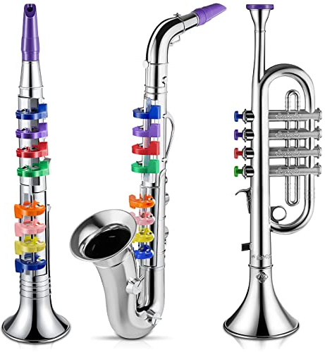 3 Pcs Kids Instruments Musical Toy Saxophone Trumpet Clarinet with 8 Color Coded Keys Educational Teaching Songs Gifts for Boys Girls Children Toddler Beginner Birthday Concert Party(Silver)
