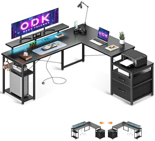 ODK Schreibtisch mit Monitorständer und LED, Eckschreibtisch mit kleinem und großem Schubladen für Aktenordner, Bürotisch Schwarz mit USB-Ladeanschluss & Steckdose, 168×165cm für Home Office