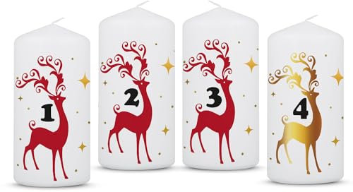 GRAVURZEILE Bedruckte Adventskerzen - Advent Hirsche - Weihnachtskerze für den Adventskranz 4er Set - Dekoration zu Weihnachten - Geschenk für Sie & Ihn - Stumpenkerze 120/58 mm