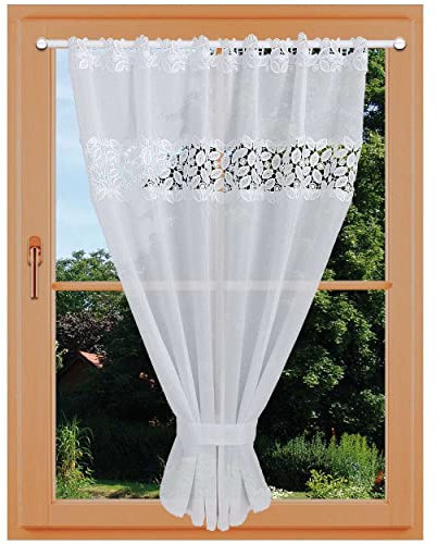 Scheibenhänger Carmelita Vogtländische Spitze mit Raffhalter | modern geraffter Sockelstore weiß Blätterdesign | Flächengardine handgefertigt | Kurzgardine Sockelstore Höhe x Breite 120 x 90 cm