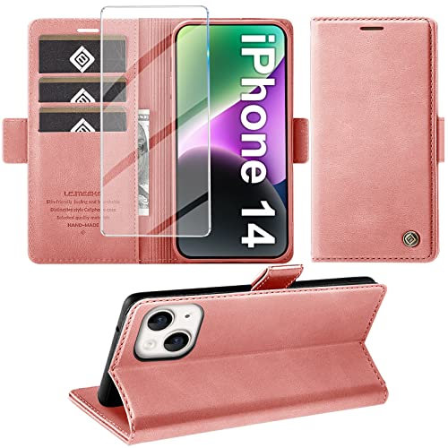 Giyer Handyhülle für iPhone 14 Hülle mit Schutzfolie, Standfunktion Kartenfach Wallet Premium Leder Schutzhülle für iPhone 14 5G 6.1 Zoll Flip Case Cover Stoßfeste Klapphülle (Rosa)