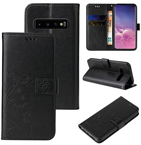 LBH Handy Hülle für Samsung Galaxy S10 Case Handytasche Schmetterling Blumen Flower Standfunktion Schutzhülle Magnet Rundum Schutz 360 Grad Flipcase Cover Schwarz