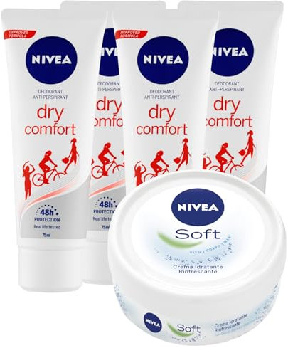 Nivea Dry Comfort Deodorante Crema Anti-Traspirante Protezione Pelle 48h Formula Dual Active Senza Alcol 4 Flaconi da 75ml + Crema Idratante 25ml