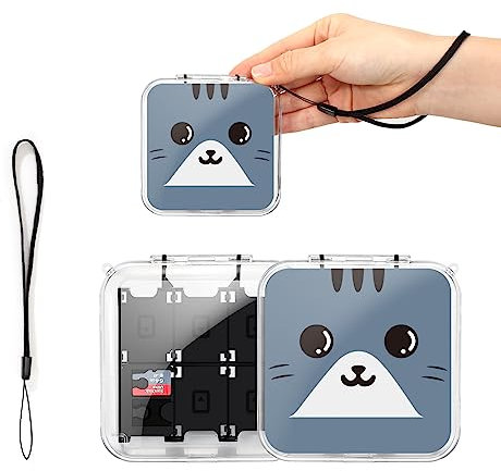 DLseego Game Card Aufbewahrungsbox für Switch Game Card,Transparente interne Vision für Spielkarten mit 12 Spielefächern und 2 SD-Kartenfächern,Mit Handschlaufe-Katzenkopf
