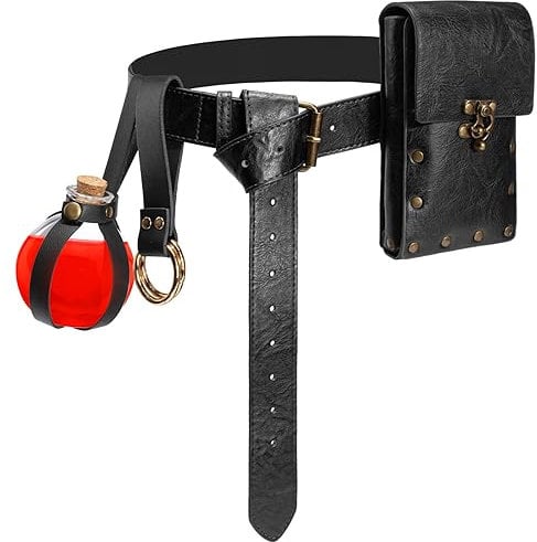 Geebuzz 4 Pcs Renaissance Belt Pouch Cork Potion Bottle Skirt Hike Set Medieval Ren Faire Costume Accessories for Halloween (Black)