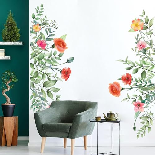 ANHUIB Wandtattoo mit Grünen Pflanzen,Blume Wandaufkleber,Wandsticker für Schlafzimmer Grüne Blätter,Wandtattoo Blumen Pflanze für Wohnzimmer,Wandsticker Groß Blatt,Wanddeko Küche Pflanze Aufkleber