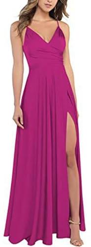 xxxiticat Abito da donna con scollo a V, spalline sottili, lungo, in raso, linea ad A, per damigella d'onore, formale, in raso, con spacco, Fucsia, XL