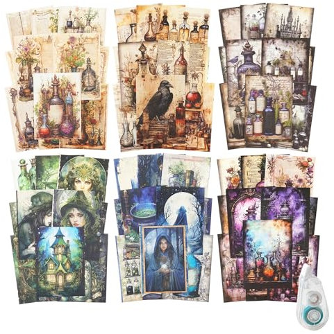MiyouLuna 180 Stück Magic Potion Scrapbook Papier, Vintage Gothic Journal Ephemera Pack, Junk Journal Supplies für Scrapbooking Kit, mit Klebeband