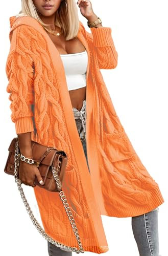 Winter Fall Cardigan Sweaters for Women Fashion 2025 Open Front Hooded Cable Oversized Long Trendy Warm Coats Outfits, I:orange, XL