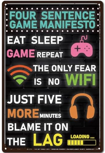 CREATCABIN Game Tin Sign Vintage Wall Sign Retro Metal Poster Art Printed Gaming Plaque Gallery Wall Signs Hanging Decoration for Bedroom Home Door Man Cave 12x8 Inch Four Sentence Game Manifesto