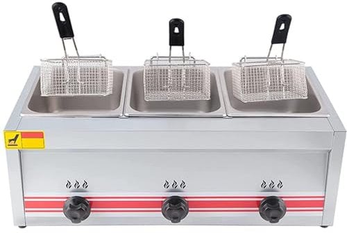 Friteuse à Gaz Commerciale Professionnelle, Friteuse Gpl En Acier Inoxydable, Puissance De Feu Réglable, Friteuse Grande Capacité, Avec Paniers Et Couvercle, Nettoyage Facile,Triplecylinder10l+10l+10l