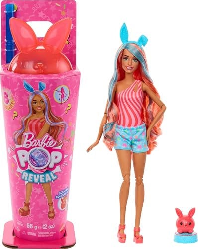 Barbie Poupée Pop Reveal et accessoires, série Shakes, poupée style lapin parfumée et animal de compagnie, 8 surprises dont une fonction changement de couleur