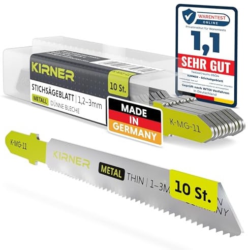 KIRNER Lame per seghetto alternativo in metallo, 10 pezzi, qualità professionale, taglio preciso e pulito per lamiere sottili (1,2 – 3 mm) – per ogni seghetto alternativo con attacco a T – Lama per