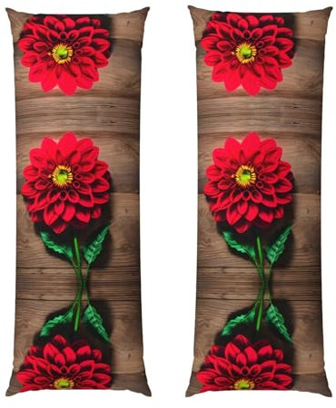 ERSDWRE Dekorativer Kissenbezug mit Holzbrett, Retro, Blume, rote Dahlie, langer Kissenbezug, für Betten, Sofas, Innenhöfe