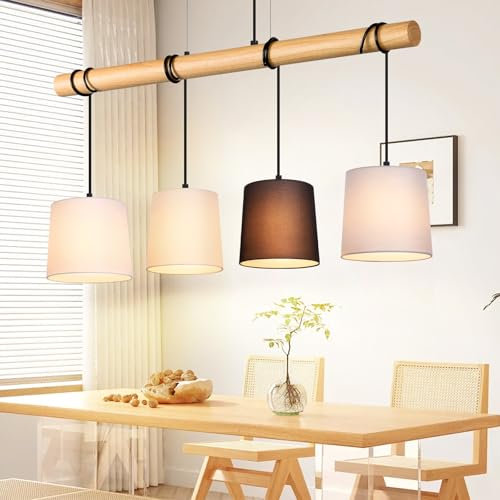 Glitzerlife Hängelampe Esstisch Pendelleuchte Holz - Hängeleuchte 4 Flammig Esstischlampe E27 Weiß Vintage Metall Esszimmerlampe Pendellampe aus Stoff für Esszimmer Wohnzimmer Cafés Büros Arbeitzimmer