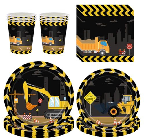 50Pcs Construction Birthday Tableware Set, Paper Plates Cups and Napkins, Disposable Dinnerware Party Supplies for Birthday Party Wedding Baby Shower Engagement Decorations Serve 10 Guests